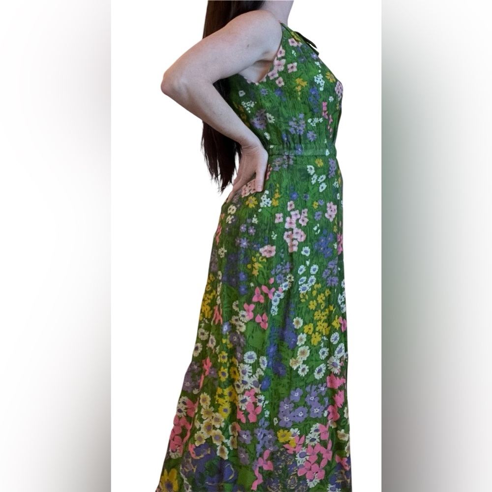Vintage 70s Deep V Floral Green Maxi Dress - Picture 13 of 15